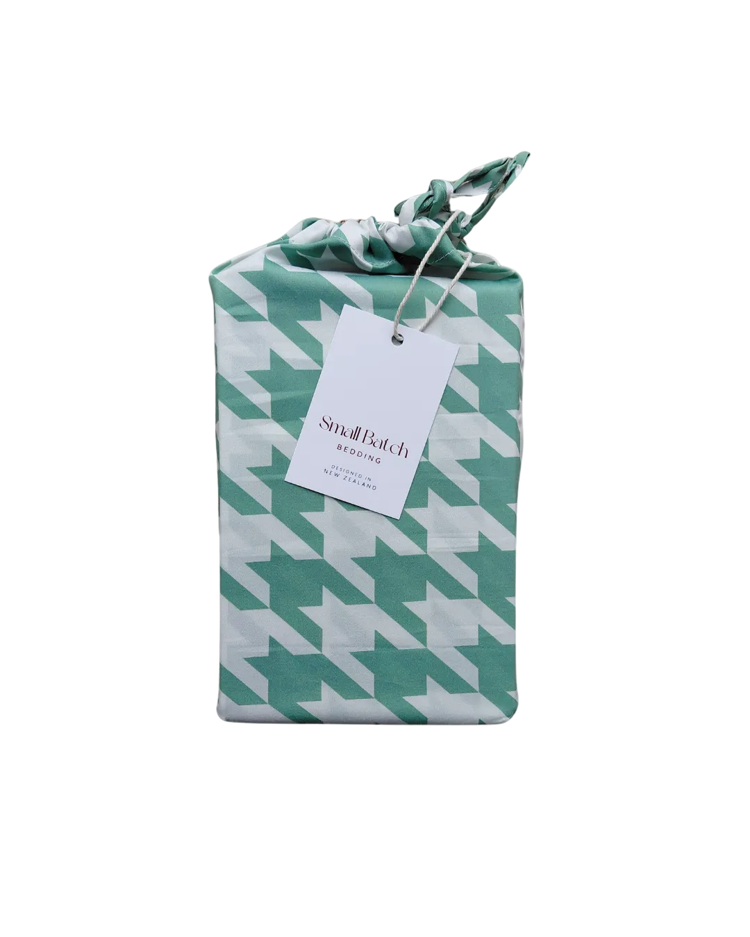 Packaged product with a green and white houndstooth pattern and a visible Small Batch Bedding brand tag on a white background.