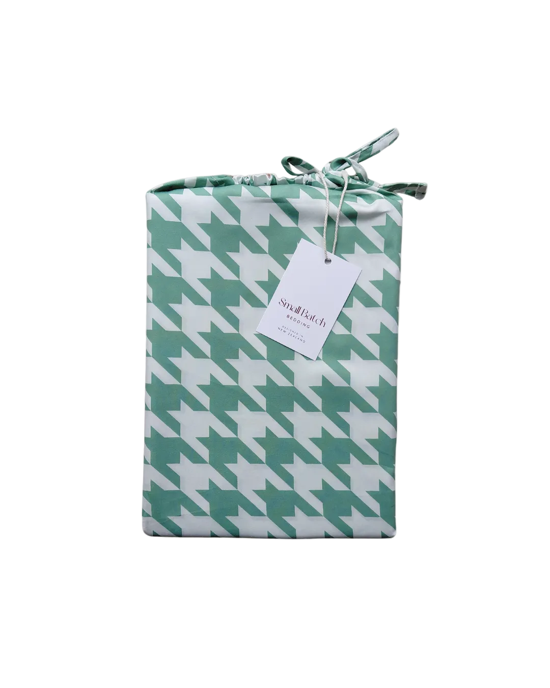 Gift bag packaging with green and white houndstooth pattern and a visible brand tag on a white background