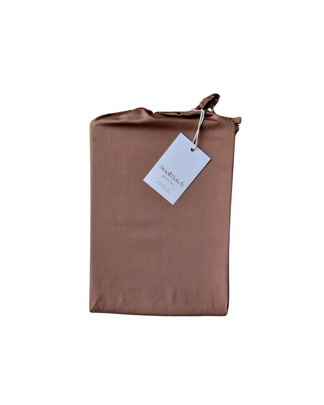 Hot Chocolate brown cotton fabric product bag with a Small Batch Bedding tag on a white background