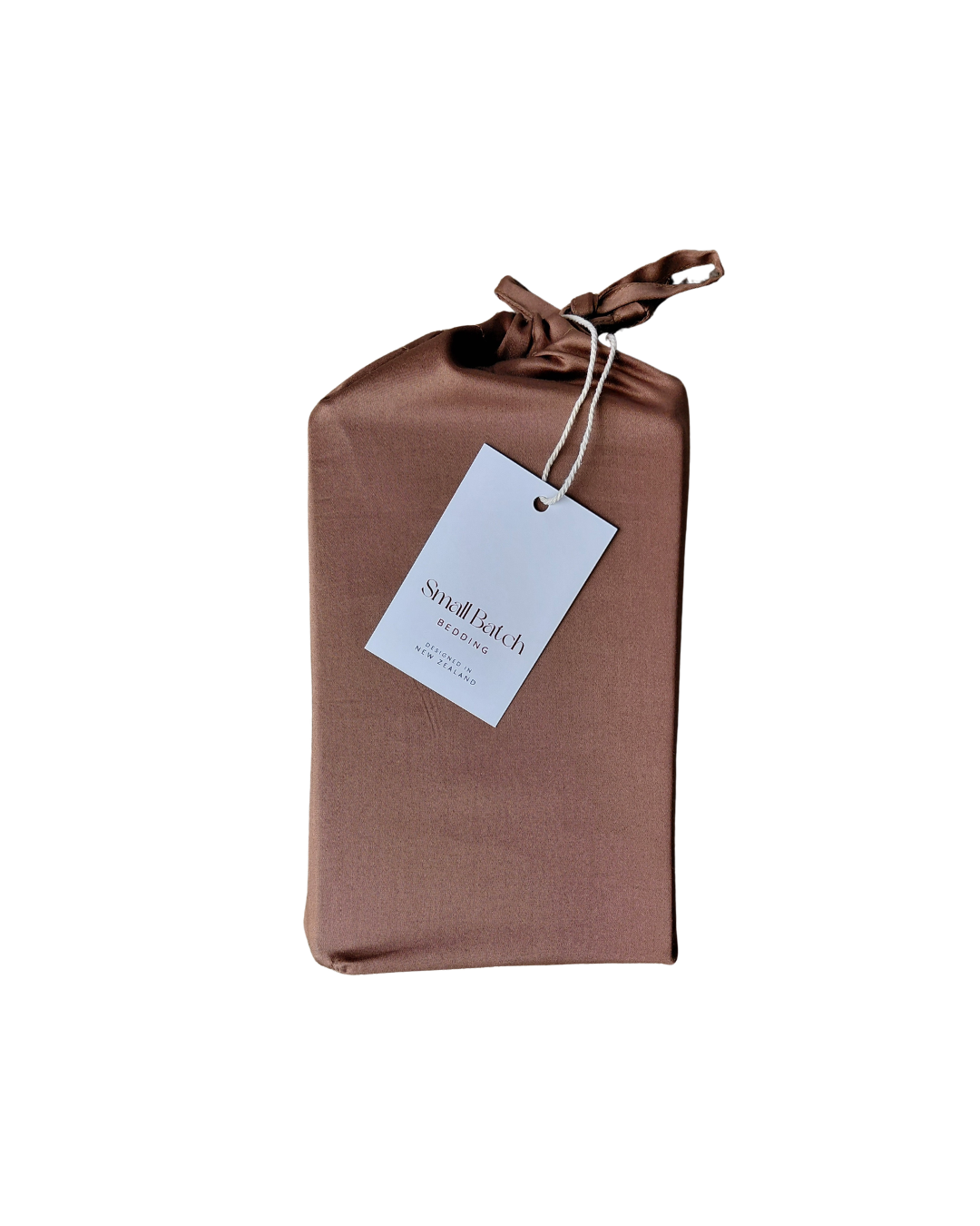 Hot Chocolate One-sided Ruffle cotton pillowcase set product shot with a white paper tag attached, featuring the brand name 'Small Batch Bedding' in elegant script, set against a plain white background.